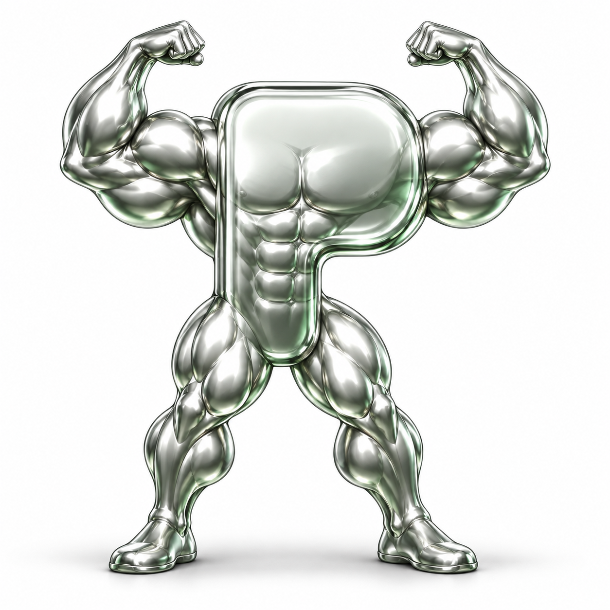 POWERPONS, a muscular chrome letter P flexing both arms